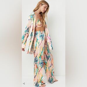Nasty Gal Satin Marble Colorful Two Piece Wide Leg Pants Set US12
